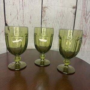 Vintage Libbey Gibraltar Duratuff USA 7” Olive Green Tea/Water Goblets, Set of 3